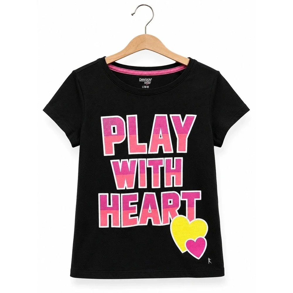Danskin‎ Now Girls Black Play With Heart Glitter Graphic Dri-More Tee L 10-12